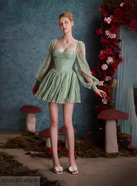 越十年越南小众sissy法式复古蕾丝镂空鱼骨抹胸长袖连衣裙