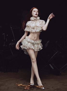 越十年越南小众la vierge新款仙女薄纱碎花高领蓬上衣半裙套装