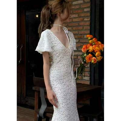 越十年越南小众lemon新款优雅气质性感露背系带蕾丝连衣长裙