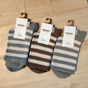 珊瑚绒袜子女冬季双面绒加厚中筒地板袜冬天睡眠保暖长筒袜不掉毛