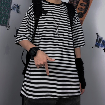 A3016-P32 夏装原宿风宽松港风百搭bf风简约条纹短袖T恤男女潮