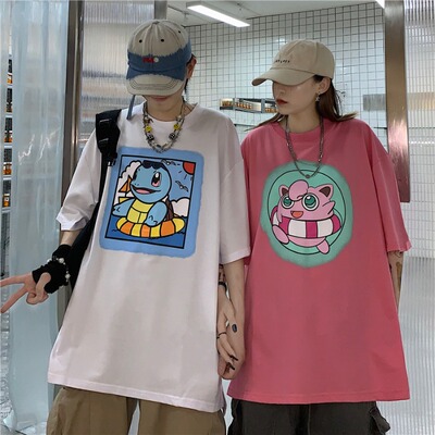 4045-P32 韩版ins原宿风趣味卡通印花短袖上衣圆领体恤男女情侣