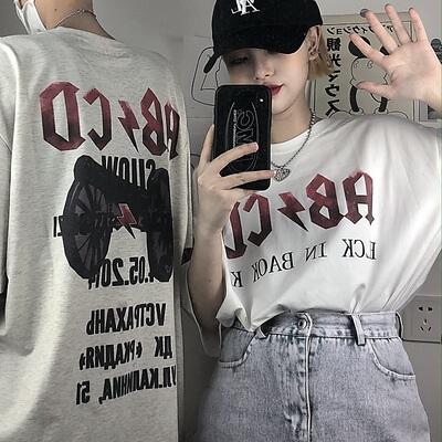 3275-P32 夏天韩版ins做旧印花圆领港风百搭情侣短袖男女款潮流