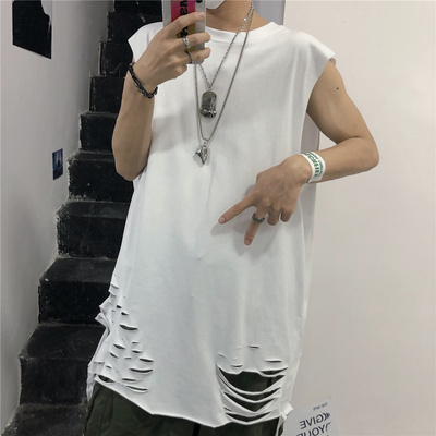 A2890-P30 新款韩国高街多破洞撕毁长款背心嘻哈无袖T恤街头男女