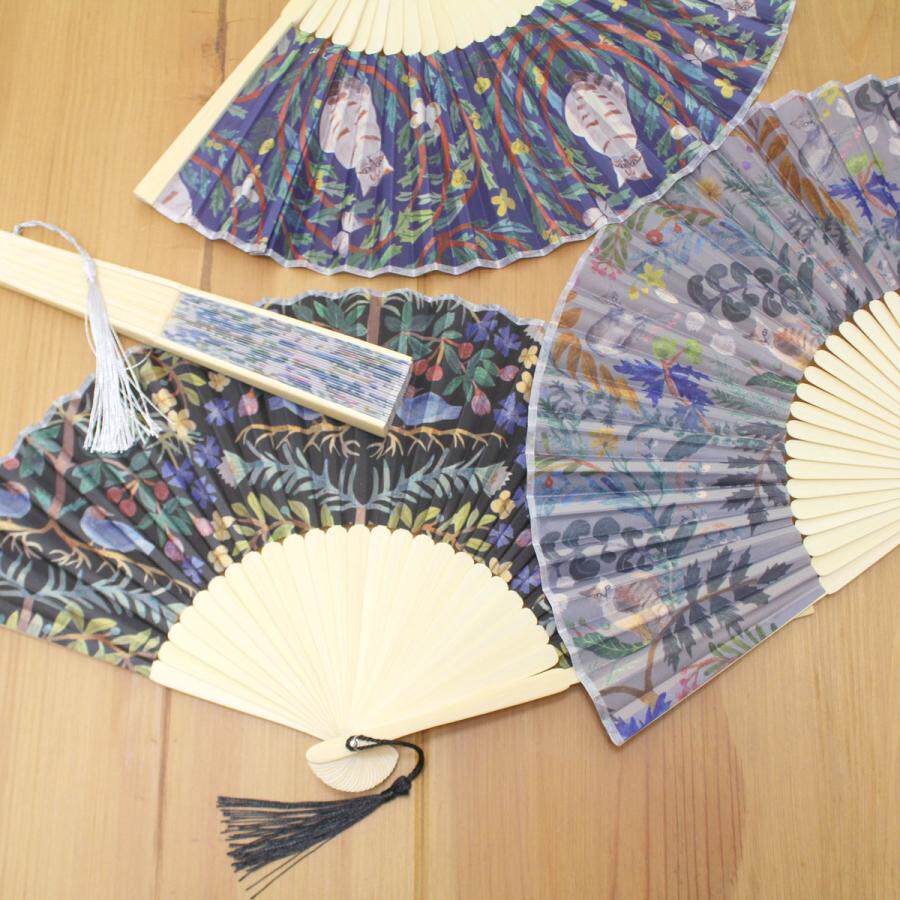 本岸现货日本进口松尾美雪新款日式插画流苏折扇猫猫小鸟便携扇子