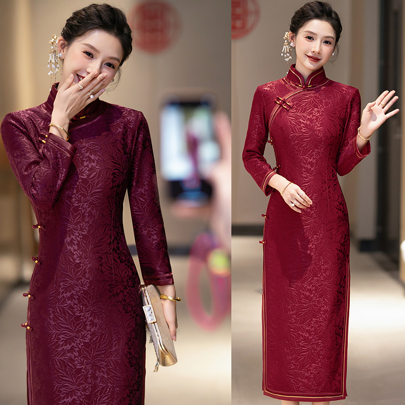 加绒加厚婚宴旗袍喜婆婆针织提花