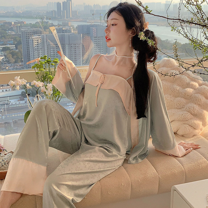 睡衣女夏季新款冰丝吊带长裤自带胸垫休闲舒适宽松纯色家居服套装