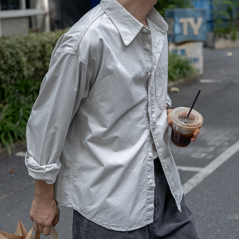 几立方领长袖小清新可洗褪衬衫