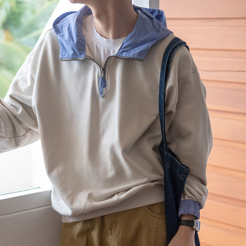 几立拼接撞色半门襟连帽卫衣