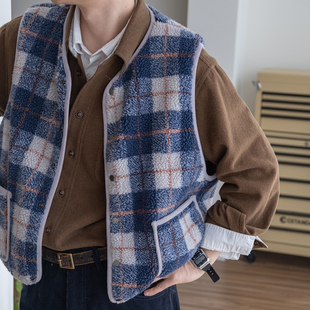 【重返野草莓之地】几立 复古格纹印花羊羔毛保暖马甲背心