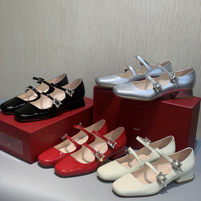 欧美大牌rv玛丽珍鞋女漆皮方头水钻单鞋一字带扣粗跟浅口真皮女鞋