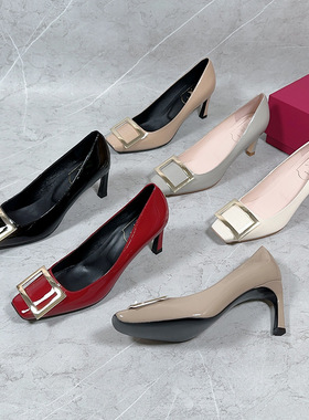 【品牌折扣】小众顶版RV方扣浅口细高跟鞋女名媛风时尚真皮工作鞋