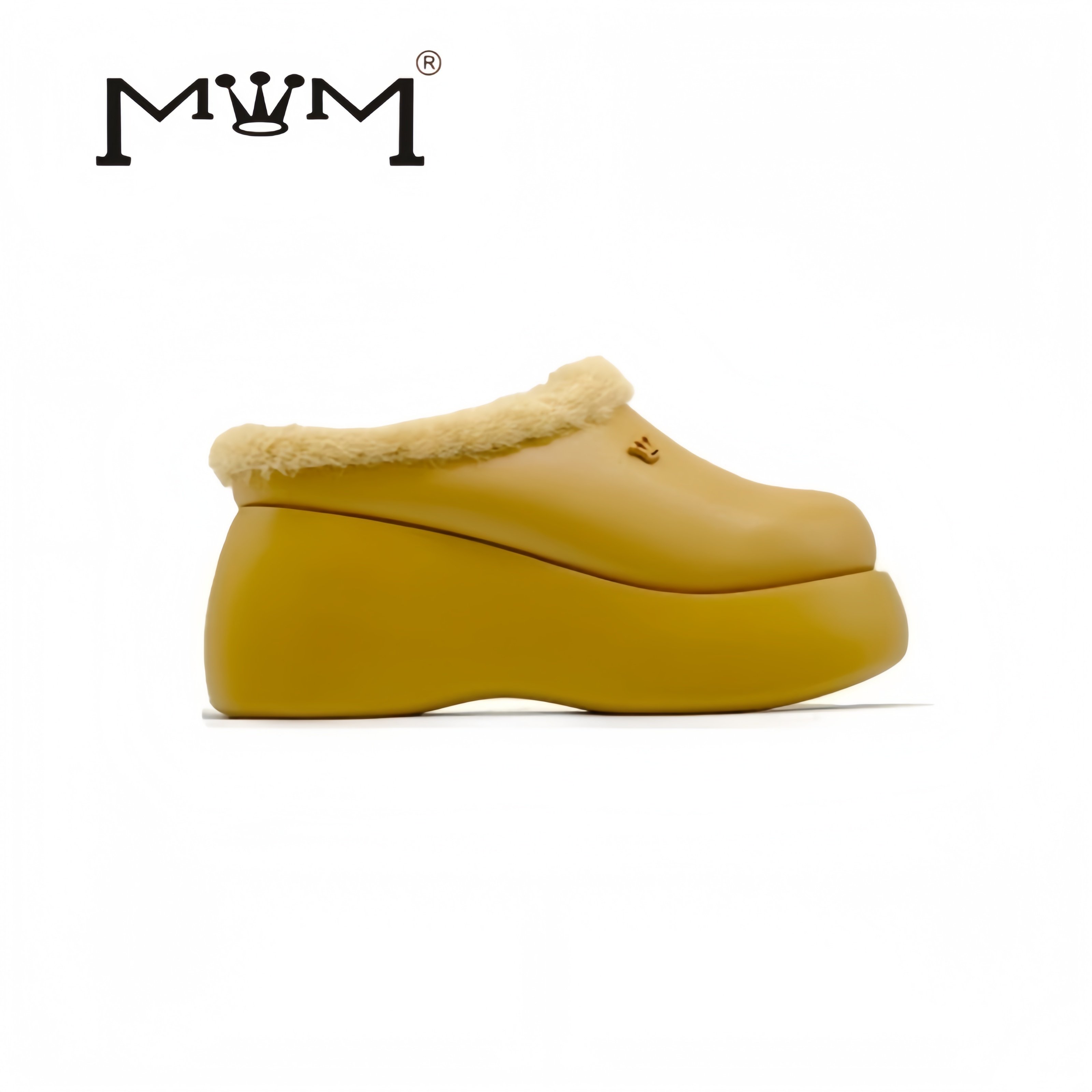 里昂焦糖~8cm兔毛羊皮厚底包头拖 原创设计2025秋冬复古卡其显瘦