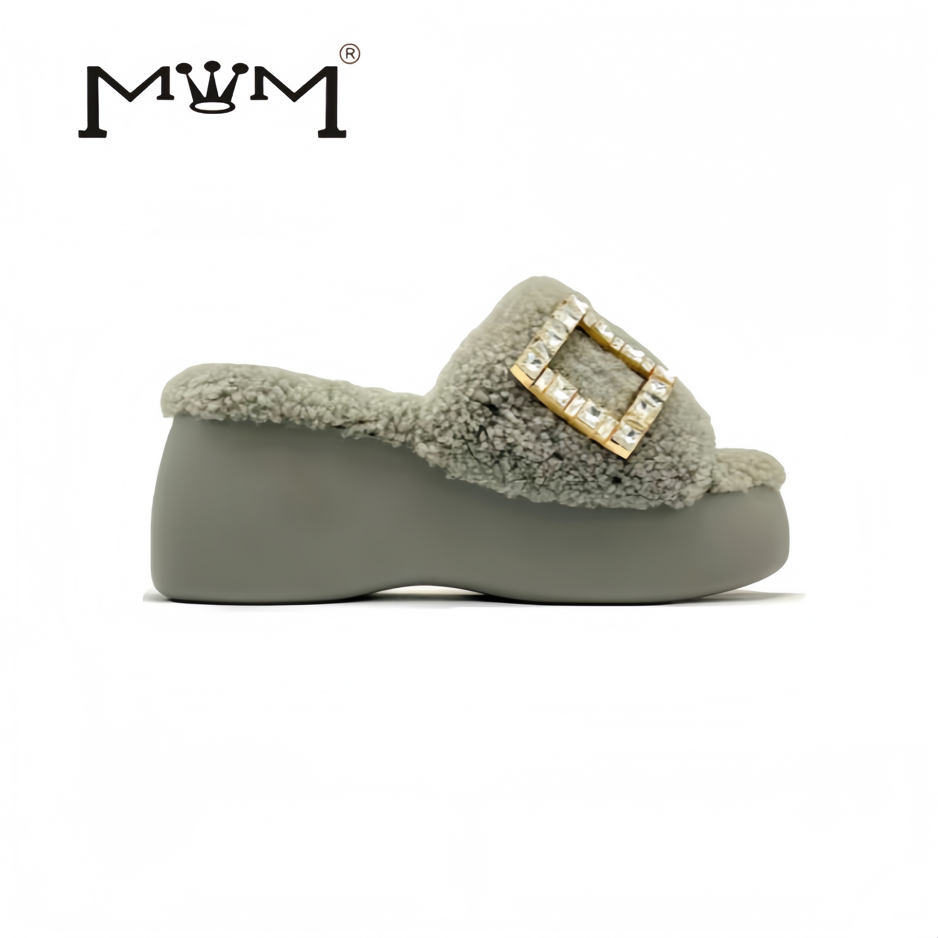 王晓晓8cm羊羔毛方扣厚底拖鞋