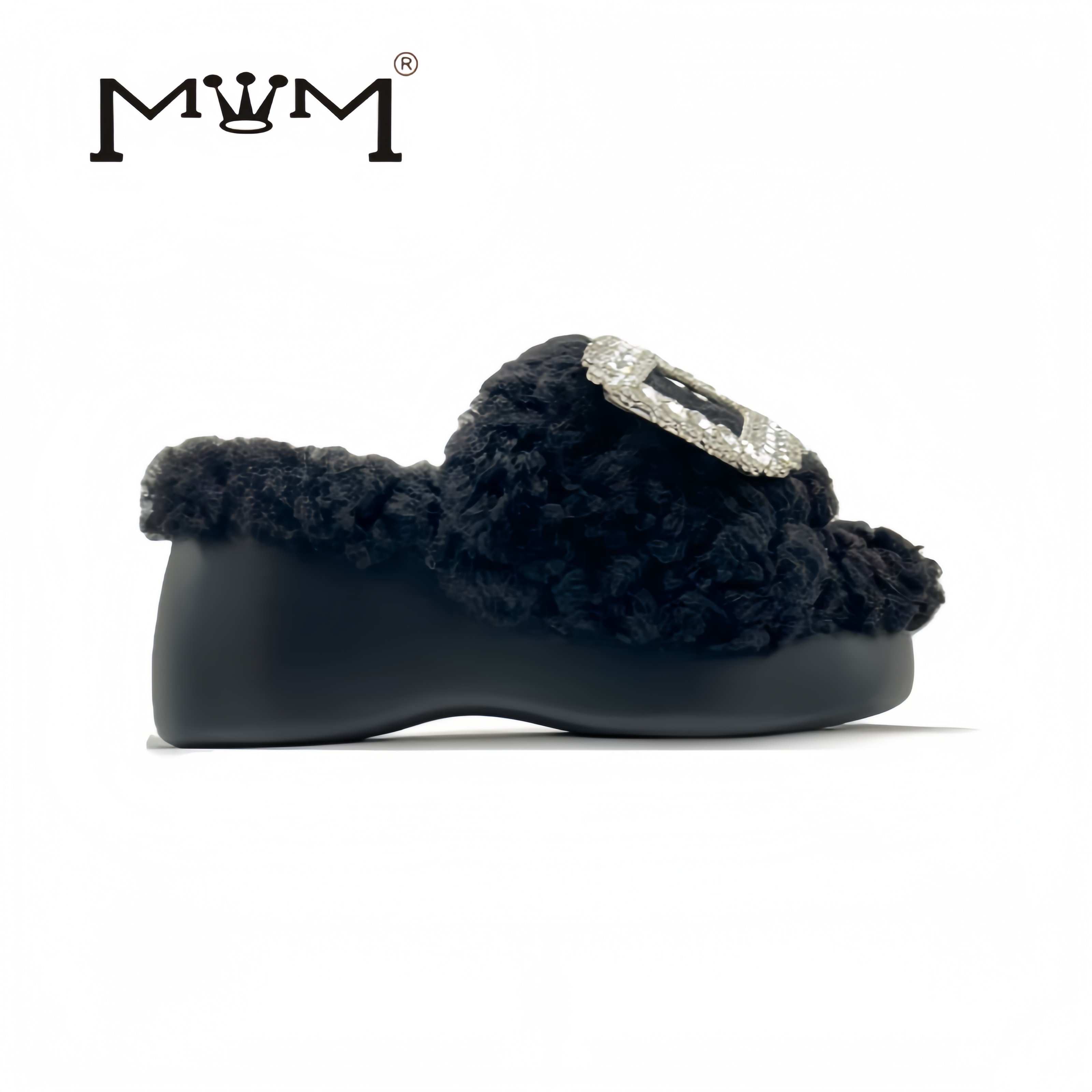 迪拜幻彩~8cm卷羊毛水钻厚底拖鞋 2025秋冬加绒轻便高奢一字拖女,女鞋,一字拖,淘宝优惠券,粉丝福利购,淘宝优惠卷