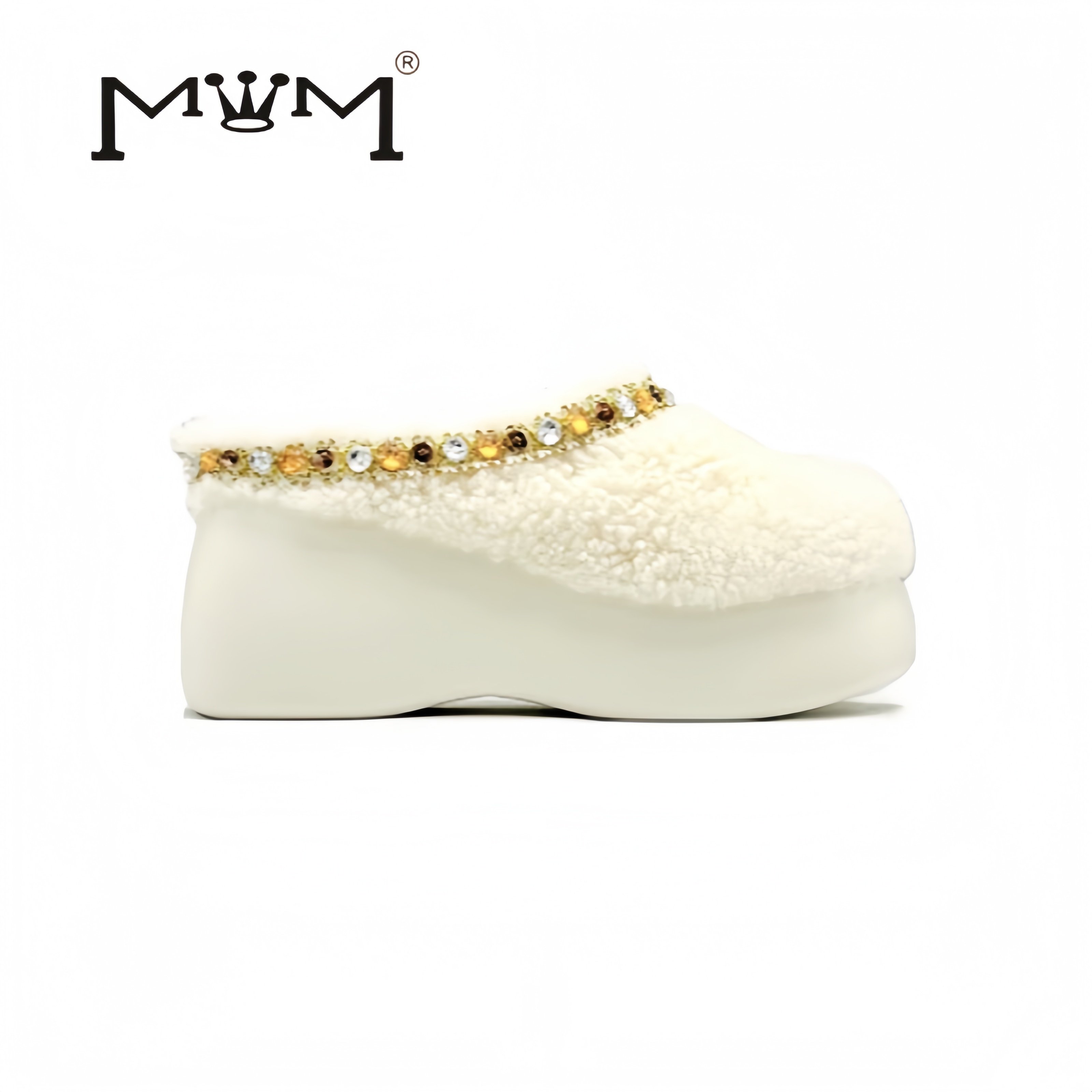 藏风雪域~8cm彩带羊羔毛厚底通包头拖 原创设计2025秋冬民族风轻