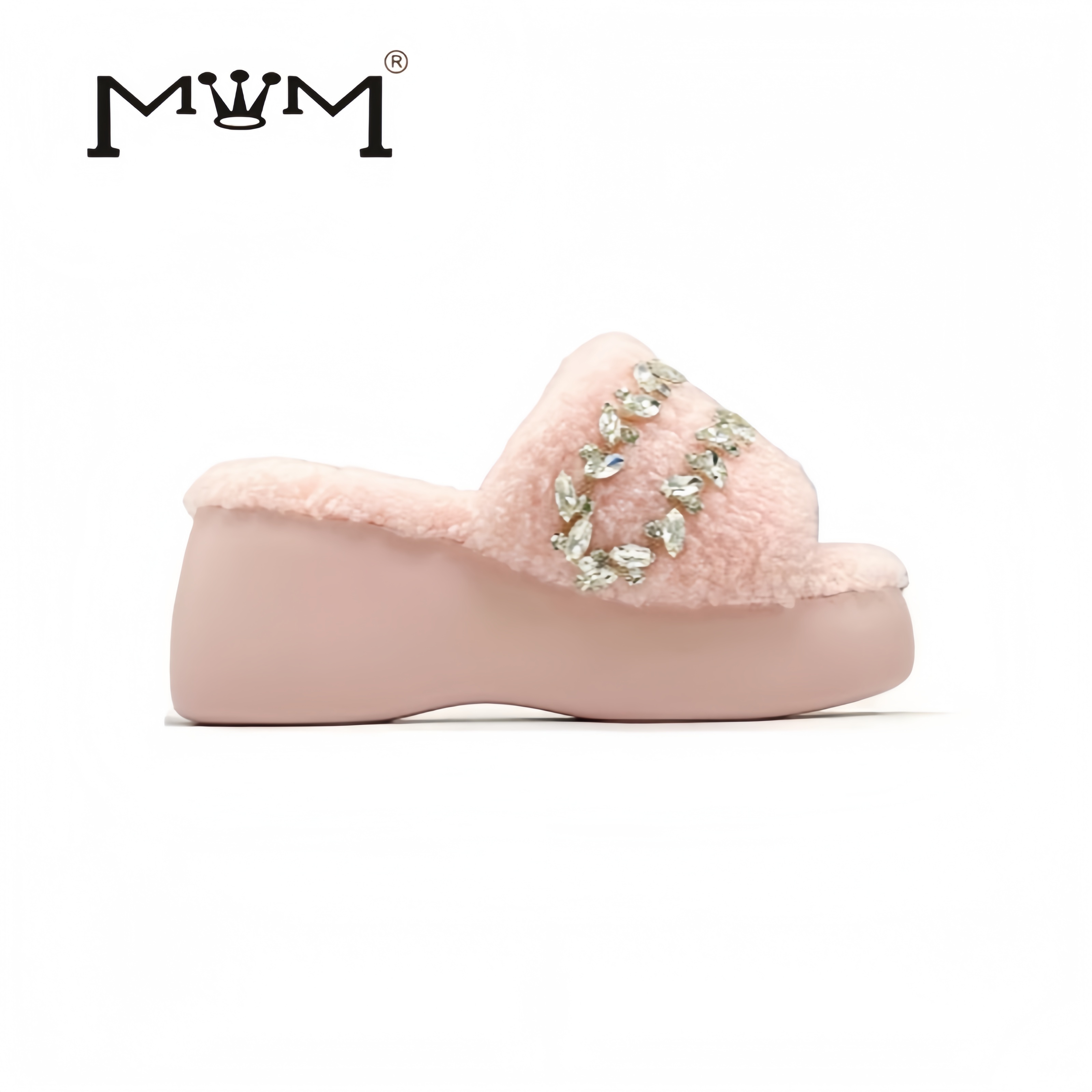 京都樱暮～8cm羊羔毛水钻厚底拖鞋 2025秋冬轻奢设计感气质一字拖