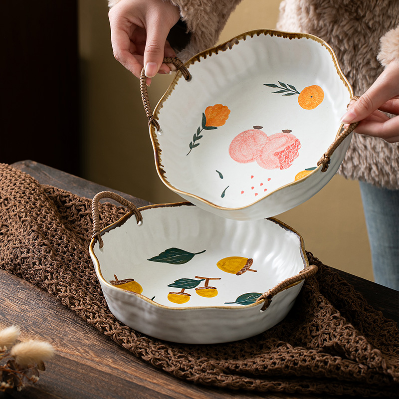 景德镇田园复古手绘釉下彩植物提篮果盘双耳花卉水果盘陶瓷水果篮