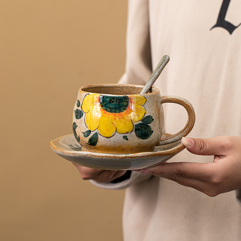 景德镇手绘釉下彩向日葵杯碟勺套