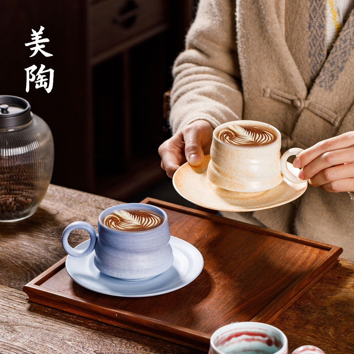 景德镇复古粗陶马克杯哑光雾隐窑变釉伴手礼杯高颜值拉花咖啡杯碟