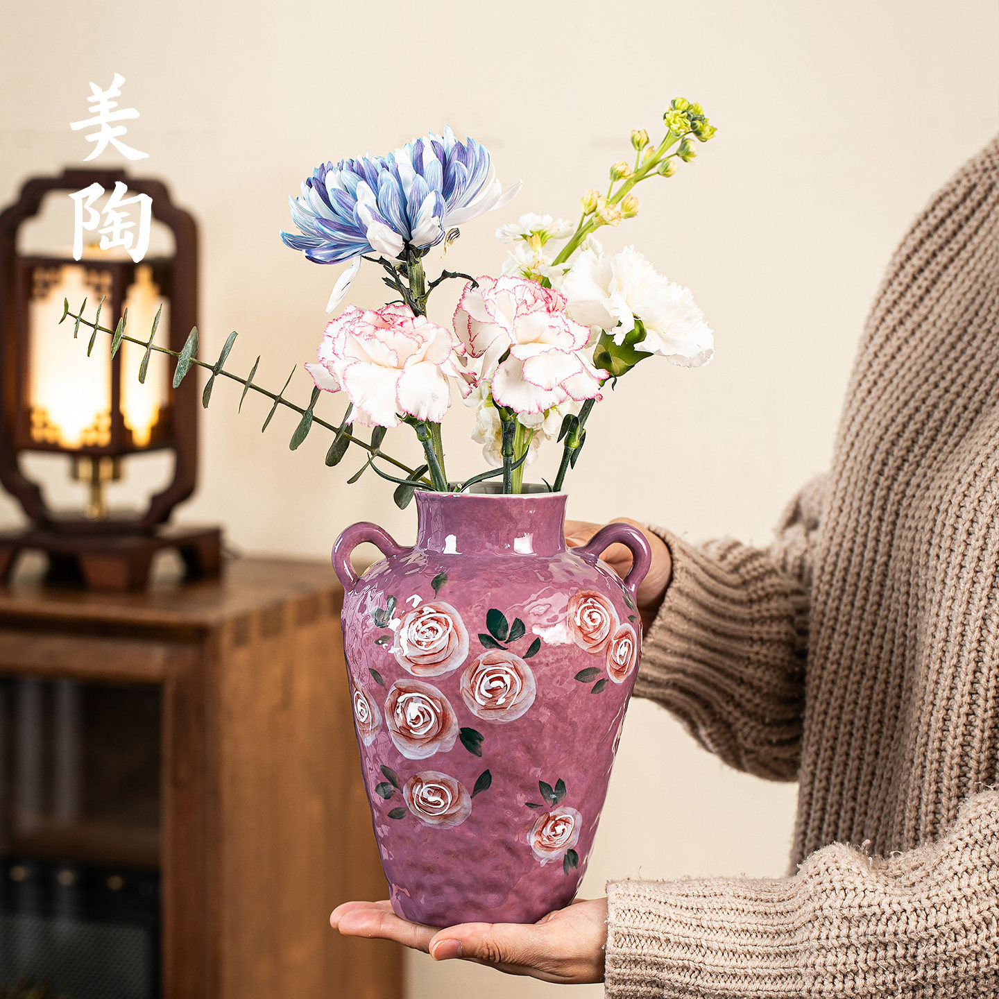 景德镇手绘玫瑰陶瓷花瓶中式釉下彩客厅电视柜水养鲜花插花器摆件,家居饰品,花瓶,淘宝优惠券,粉丝福利购,淘宝优惠卷