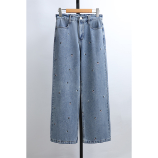 长裤 松紧高腰水洗棉直筒刺绣牛仔裤 韩国岛屿家女装 沈姐原单25秋季