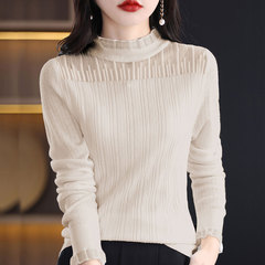 2025春蕾丝花边半高领针织衫女精纺羊毛春装上衣欧货薄款毛衣打底
