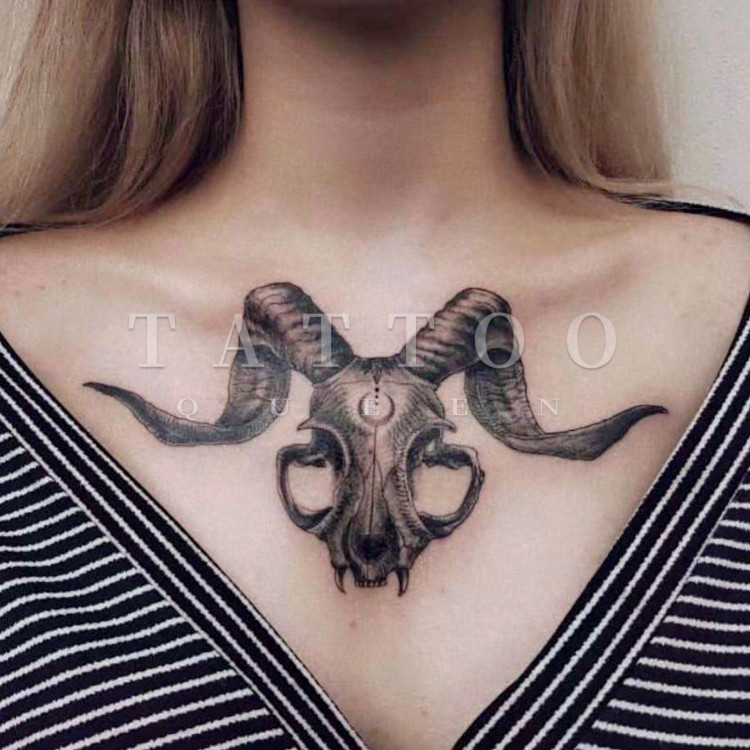 花臂少女tattoo d139 黑白羊头 月牙 胸前花胸纹身贴包邮