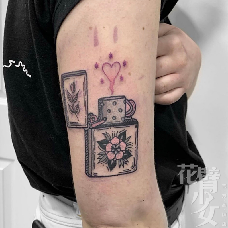 花臂少女TATTOO 314 原宿风打火鸡图案粉色爱心火花手臂纹身贴