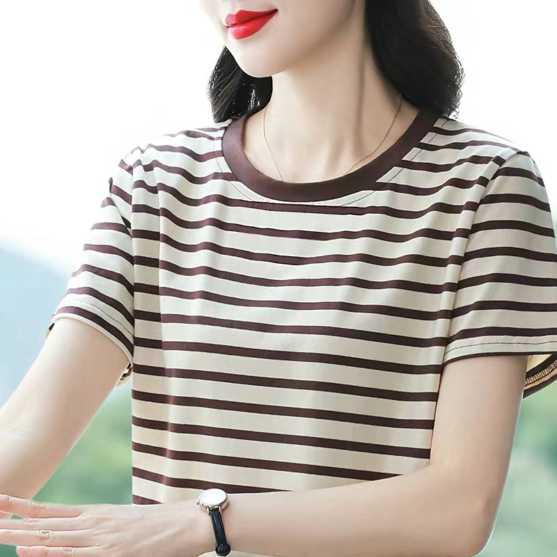 2026夏季新款纯棉条纹短袖T恤女士韩版百搭中年妈妈宽松休闲上衣