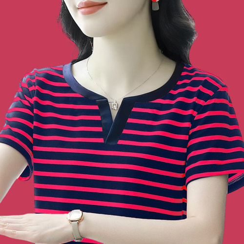 胖mm纯棉半袖小衫2025新款夏季中年妈妈条纹短袖大码t恤女士上衣