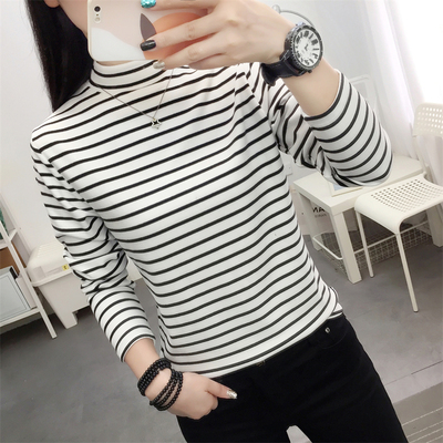 2025新款秋冬季长袖T恤洋气德绒半高领打底衫女内搭外穿条纹上衣