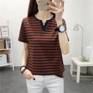 条纹t恤女夏季短袖宽松大码纯棉打底衫中年妈妈遮肚夏衣外穿上衣