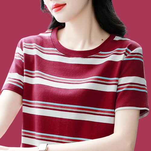 纯棉条纹短袖T恤女中年妈妈装夏季新款大码宽松遮肚显瘦洋气上衣
