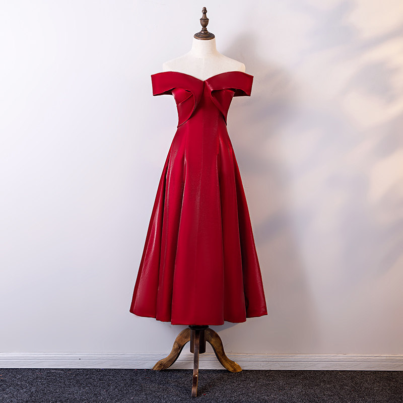 中长礼服女敬酒服红色新娘婚纱礼服优雅晚礼服气质高贵豪华奢侈