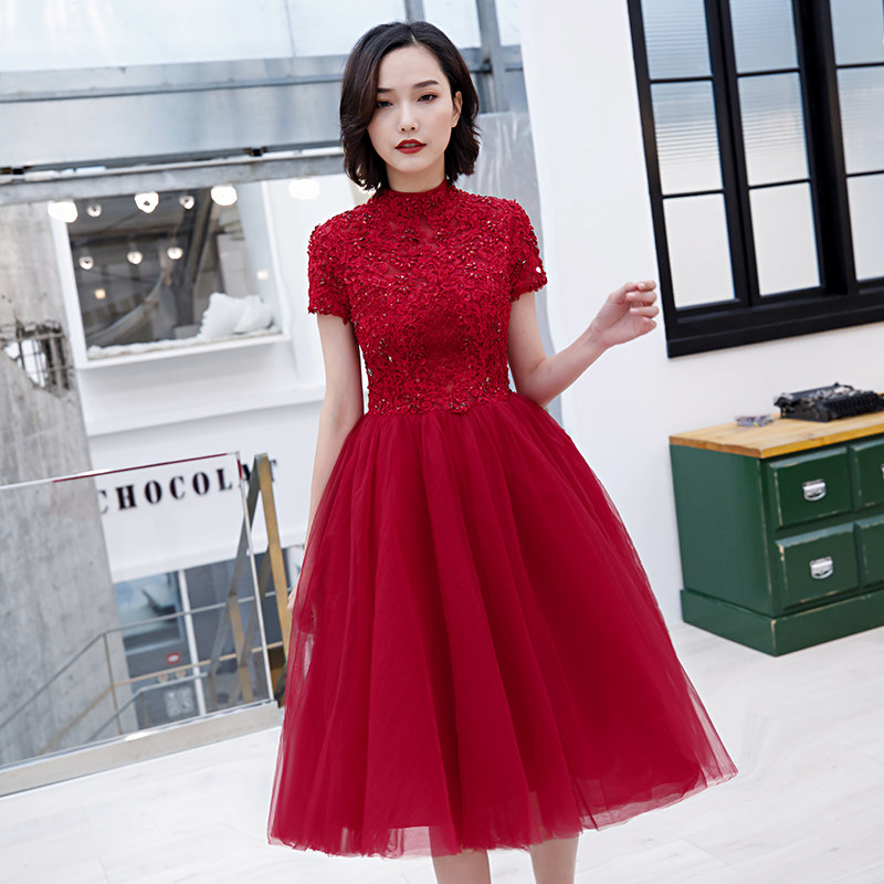 红色敬酒服新娘2019夏气质短款婚纱裙子聚会小礼服名媛女神蓬蓬裙