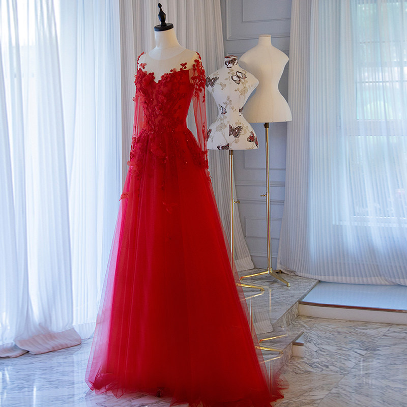 2020春夏新长款红色高贵小拖尾婚纱礼服敬酒结婚敬酒服女年会名媛