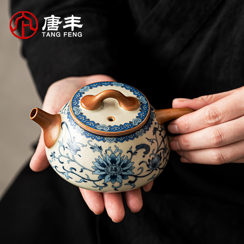 唐丰青花汝窑陶瓷泡茶壶茶壶泡茶家用功夫单壶仿高档珐琅彩石瓢壶