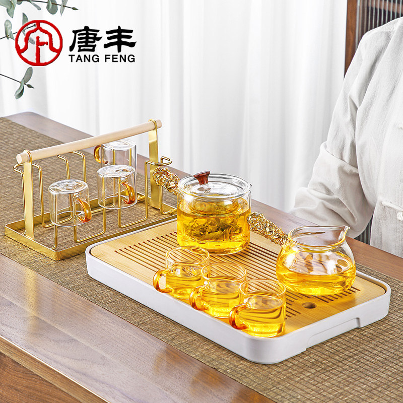 速发侧把玻璃茶具套装家用明透红茶夫茶壶功泡茶杯客厅小套沥