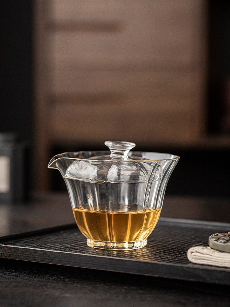 唐风玻璃二菜盖碗茶杯单户经典防烫手持式茶杯绿茶专用茶具