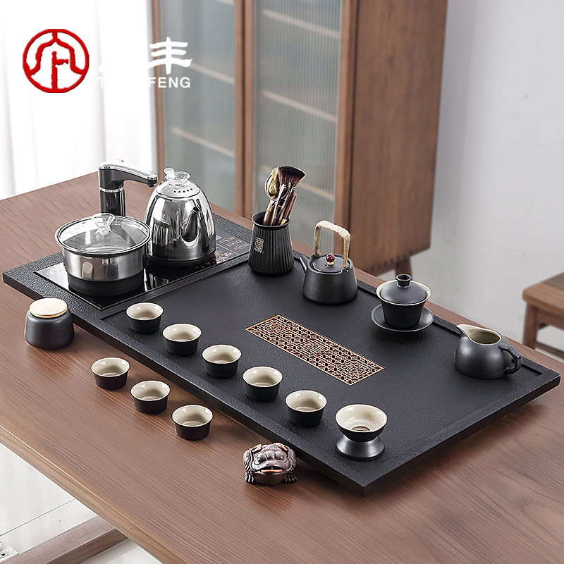 全自动茶盘烧水壶一体茶具套装家用办公磨砂粗陶功夫泡茶器大茶台