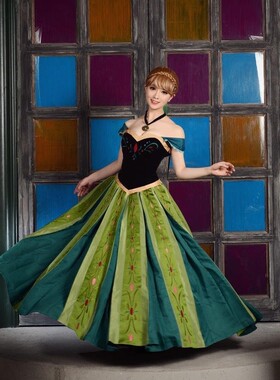 安娜公主裙COS冰雪奇缘anna长裙成人迪士尼裙子绣花2件套加冕礼服