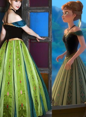 安娜公主裙COS冰雪奇缘anna长裙成人迪士尼裙子绣花2件套加冕礼服