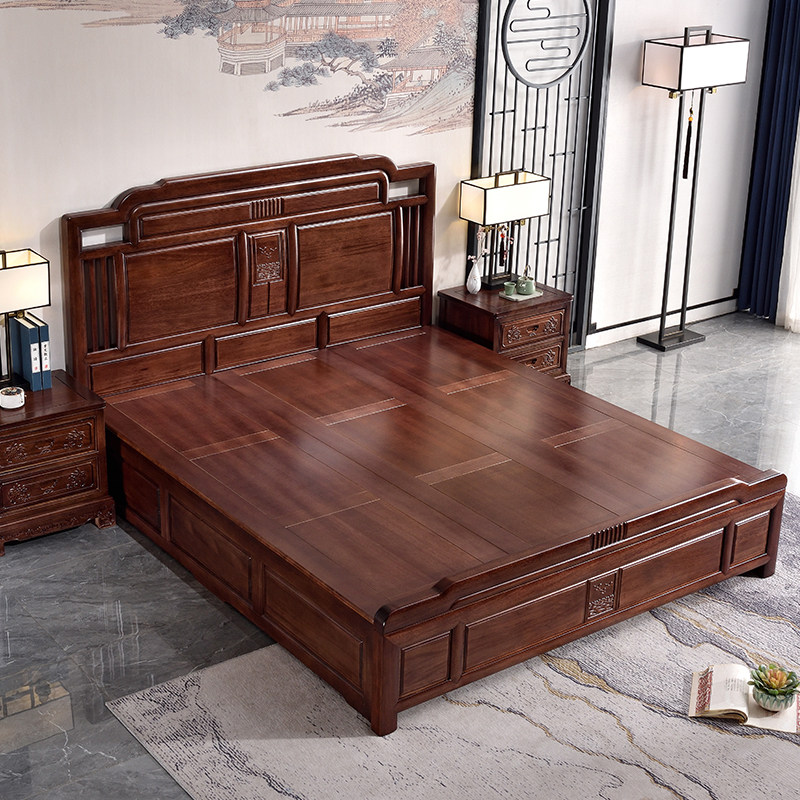 新中式花梨木实木床1.8米双人大床主卧明清仿古雕花红木婚床家具