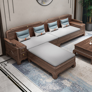 新中式全实木沙发金花梨木雕花冬夏两用转角贵妃储物红木客厅家具