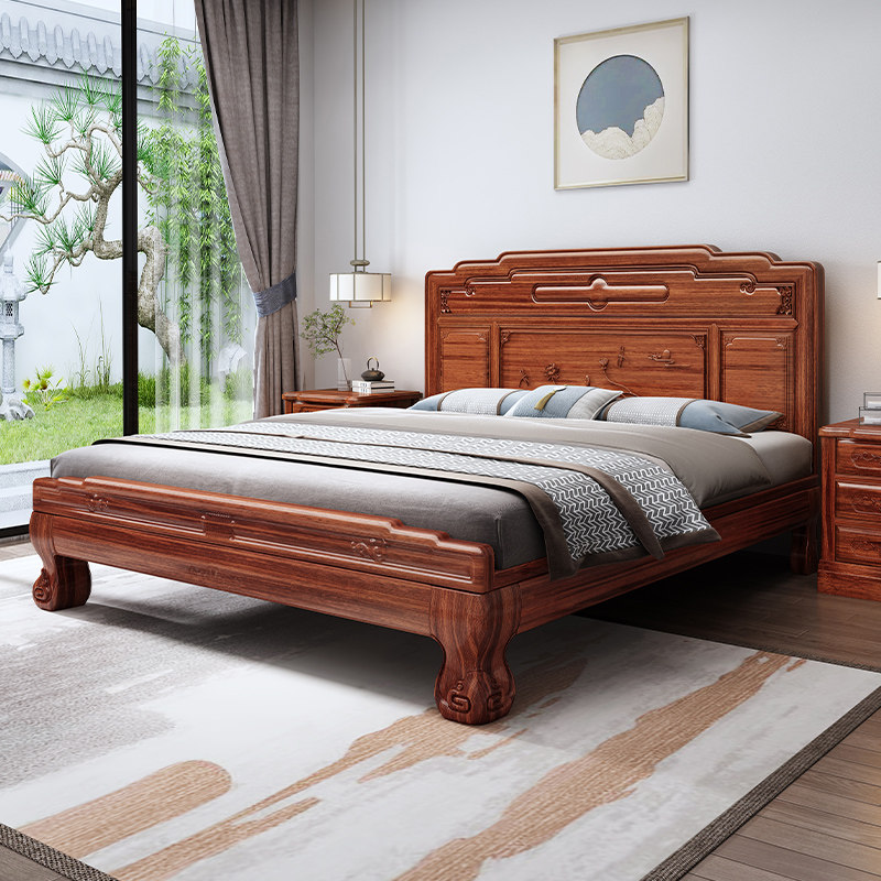 花梨木实木床1.8米双人床主卧1.5菠萝格明清古典雕花红木卧室家具