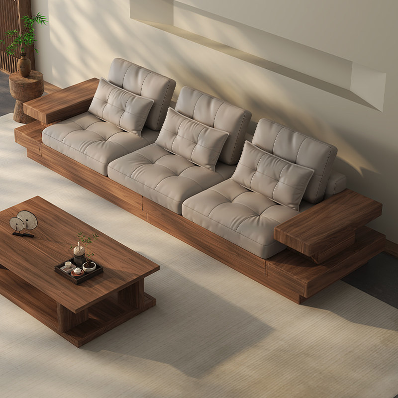 新中式黑胡桃木直排沙发简约真皮轻奢大小户型休闲椅别墅客厅家具,住宅家具,实木沙发,淘宝优惠券,粉丝福利购,淘宝优惠卷