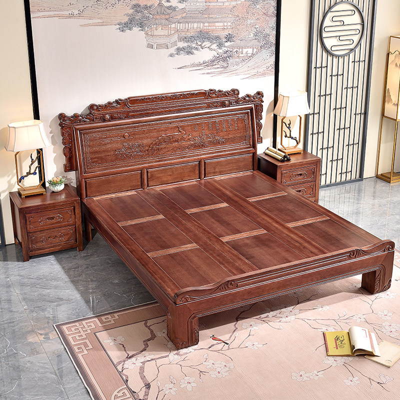 金花梨木实木床1.8米双人大床中式雕花明清古典卧室仿古红木家具