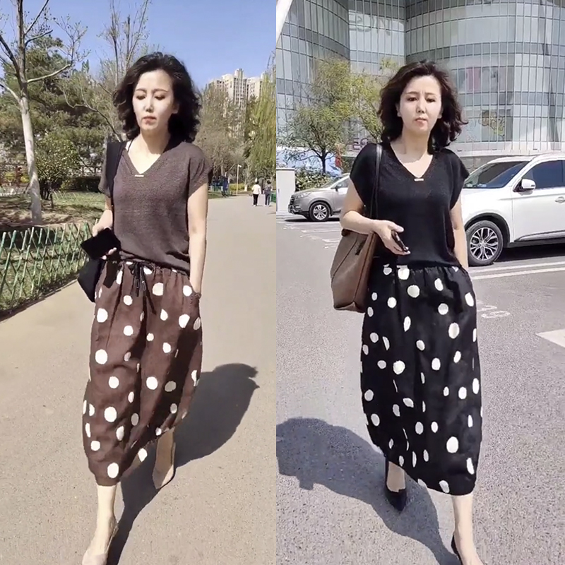 迷姿绣服饰抖音夏季新款通勤气质黑色棕色短袖v领衬衫波点半身裙