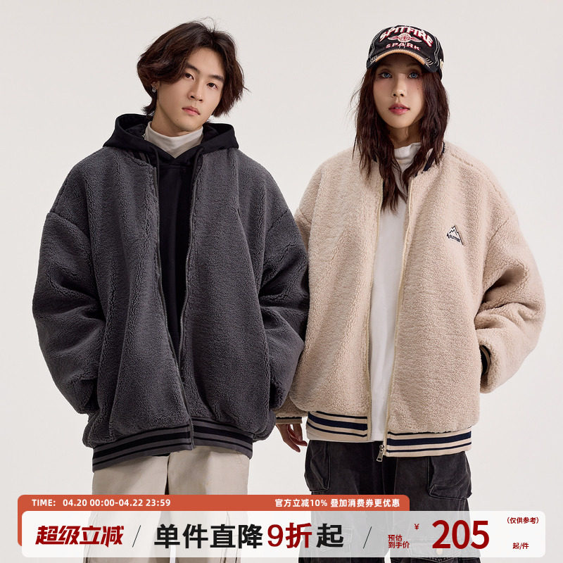 TIRED美式复古仿羊羔毛棒球领棉衣男女冬季情侣加厚外套保暖棉服